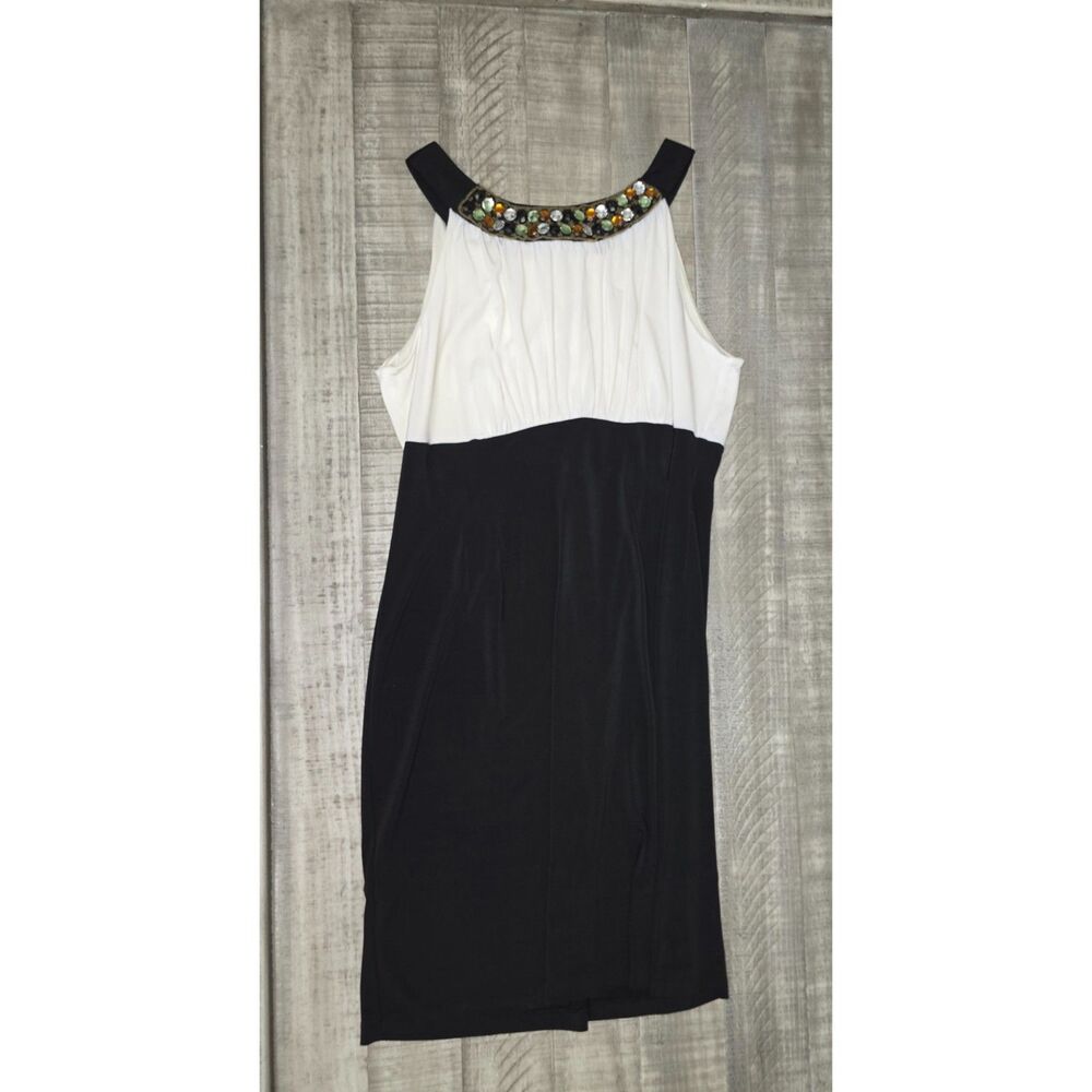 AA Studio Pencil Dress Jeweled Neckline Black & White Medium
